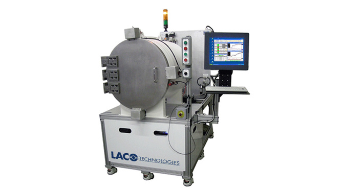 Cart-mounted leak test system with large cladded cylindrical vacuum chamber and pneumatic operated clamps